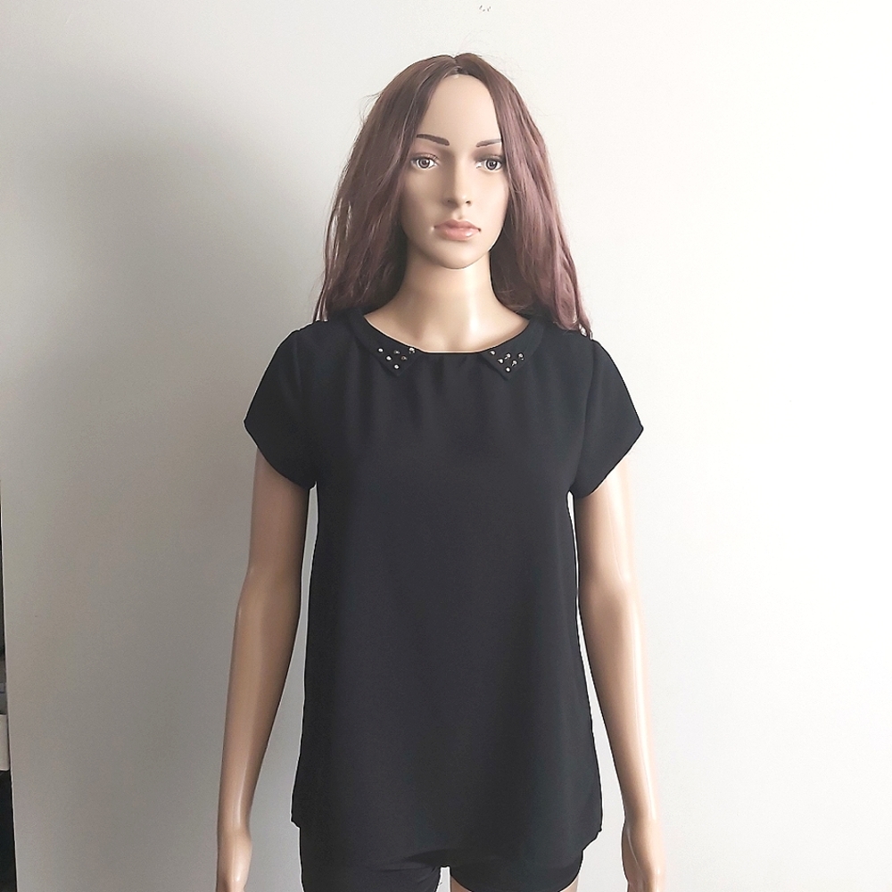 Bardot top size 4 black studded collar blouse short sleeves